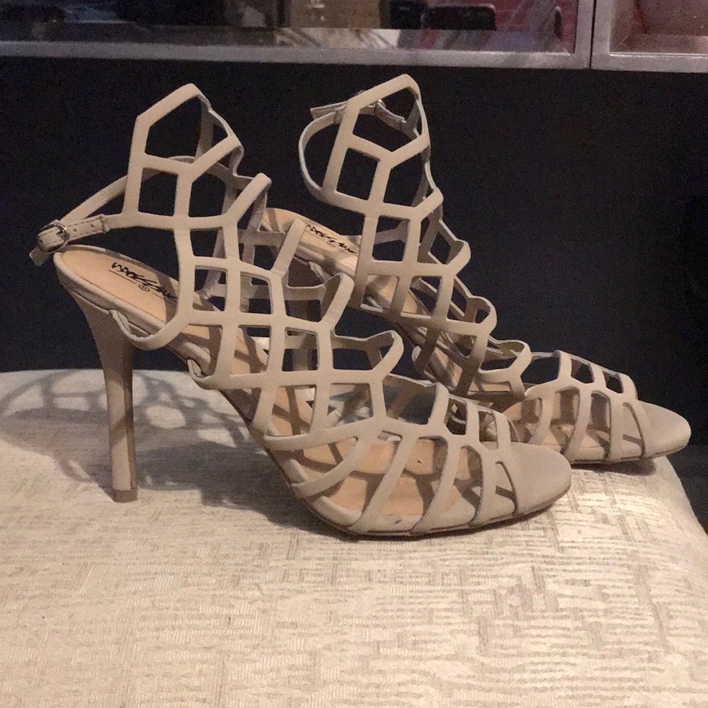 Strappy nude suede stilleto heeled sandal